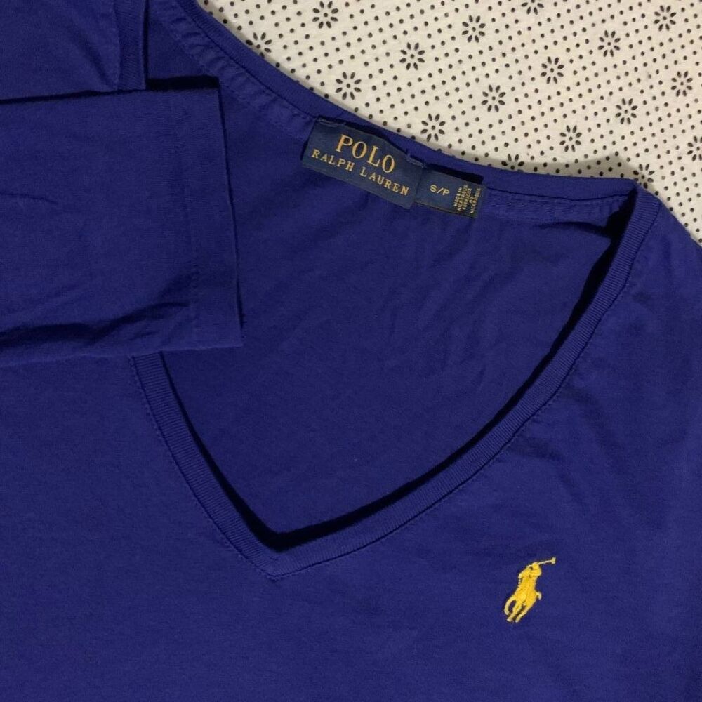 Polo Ralph Lauren Women S Blue Long Sleeve V-Neck T-Shirt Pony Logo Small Sz S/P